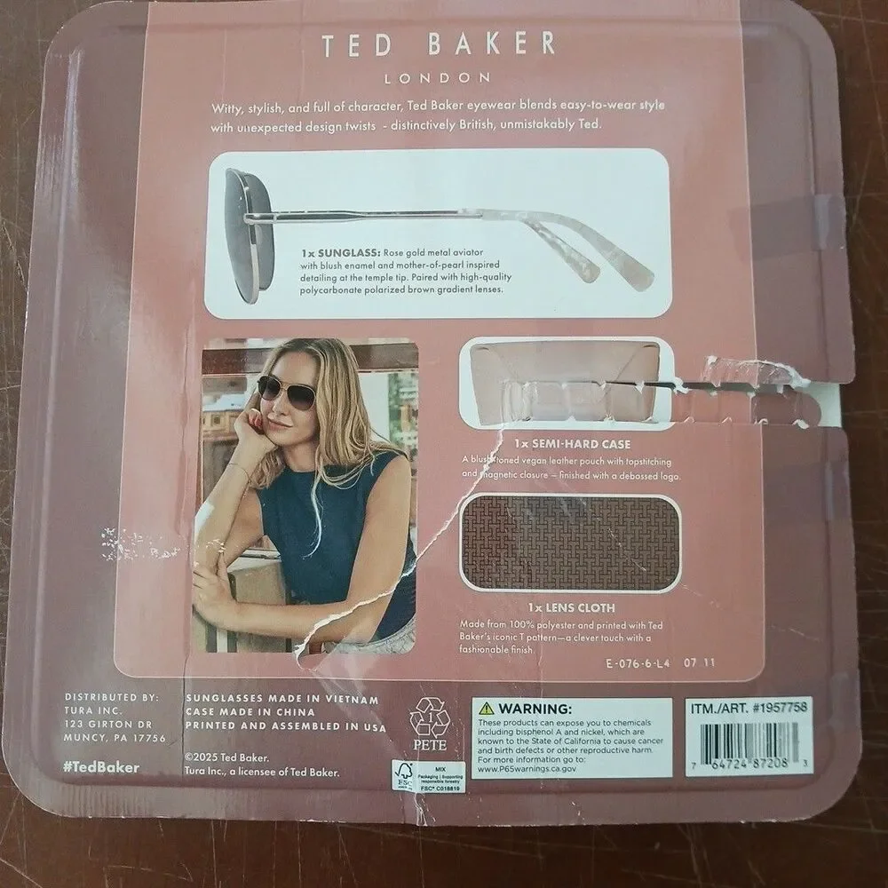 TED BAKER Womens Rose Gold Brown Gradient Polarized Metal Aviator Sunglasses NEW